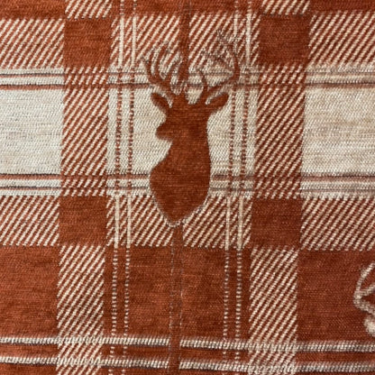 Highland Collection Luxury Soft Like Cotton Feel Stag Deer Head Animal Design On Checked Orange Peach Background Chenille Upholstery Fabric JO-85 - Made To Measure Curtains