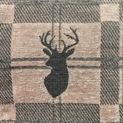 Highland Collection Luxury Soft Like Cotton Feel Stag Deer Head Animal Design On Checked Pink Brown Colour Background Chenille Upholstery Fabric JO-693