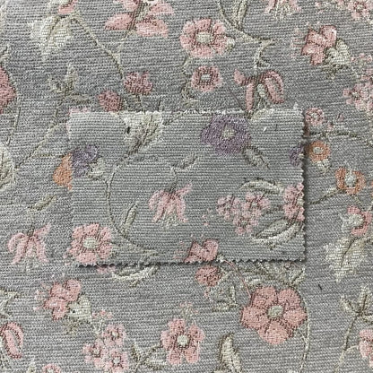 Anna Rose Grey Pink Coloured Small Floral Leaf Soft Chenille Fabric Material JO-168 - Made To Measure Curtains