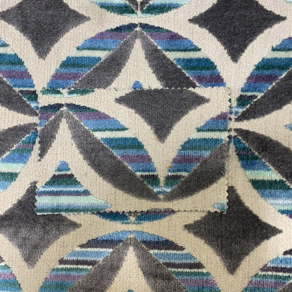 Geometric Oval Pattern Inspired Cut Velvet Teal Blue Beige Colour Upholstery Fabric JO-1108