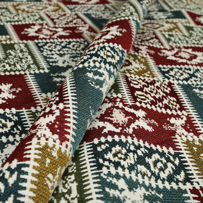 Kilim Pattern Patchwork Heavyweight Chenille White Multi Coloured Upholstery Fabric 240721-05