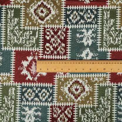 Kilim Pattern Patchwork Heavyweight Chenille White Multi Coloured Upholstery Fabric 240721-05