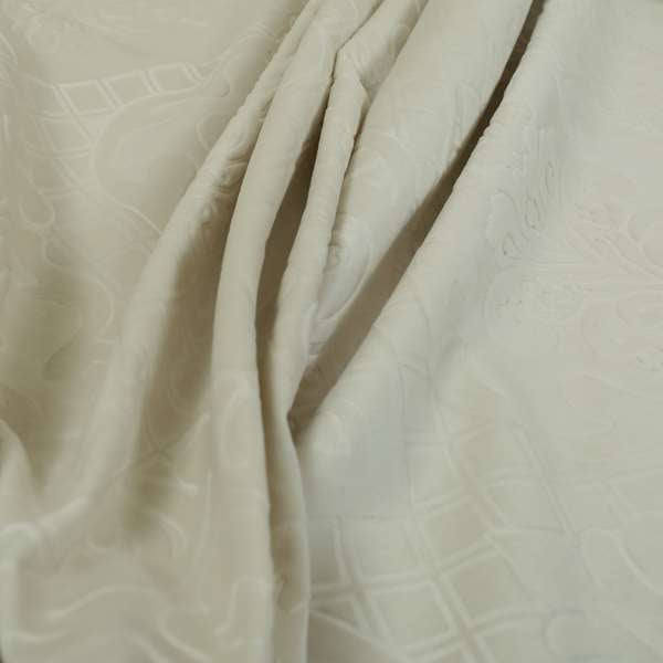 Alvaro Velveteen Embossed Damask Pattern Upholstery Curtains Fabric In Beige Velvet Colour