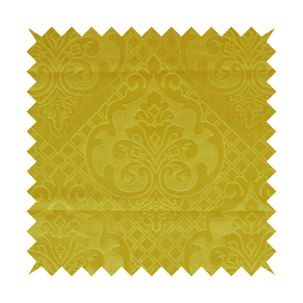 Alvaro Velveteen Embossed Damask Pattern Upholstery Curtains Fabric In Yellow Colour - Handmade Cushions