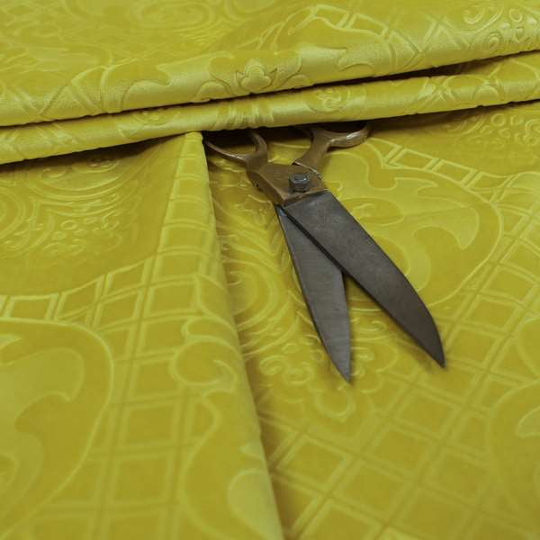 Alvaro Velveteen Embossed Damask Pattern Upholstery Curtains Fabric In Yellow Colour - Handmade Cushions