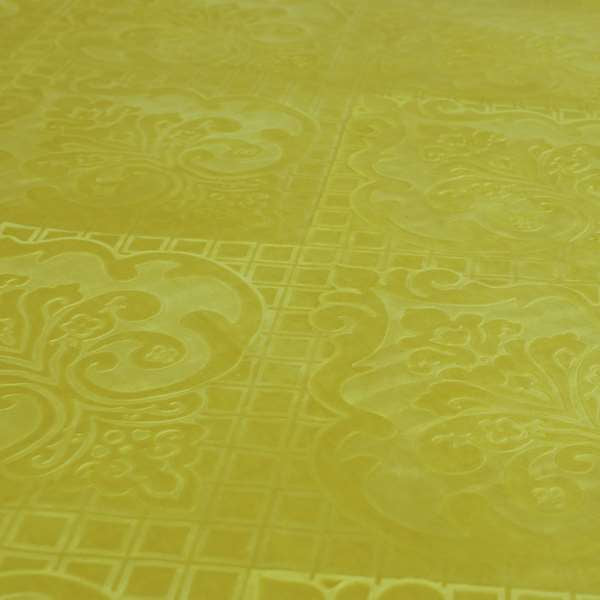 Alvaro Velveteen Embossed Damask Pattern Upholstery Curtains Fabric In Yellow Colour