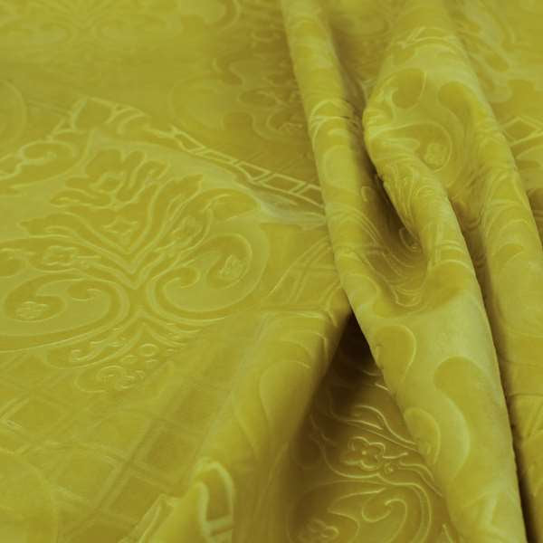 Alvaro Velveteen Embossed Damask Pattern Upholstery Curtains Fabric In Yellow Colour