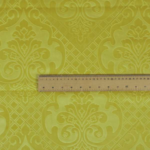 Alvaro Velveteen Embossed Damask Pattern Upholstery Curtains Fabric In Yellow Colour