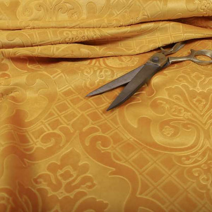 Alvaro Velveteen Embossed Damask Pattern Upholstery Curtains Fabric In Orange Colour - Handmade Cushions