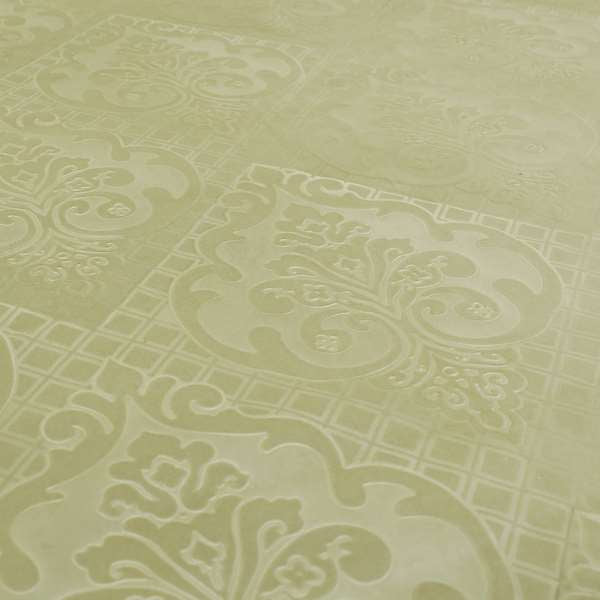 Alvaro Velveteen Embossed Damask Pattern Upholstery Curtains Fabric In Light Green Colour - Handmade Cushions