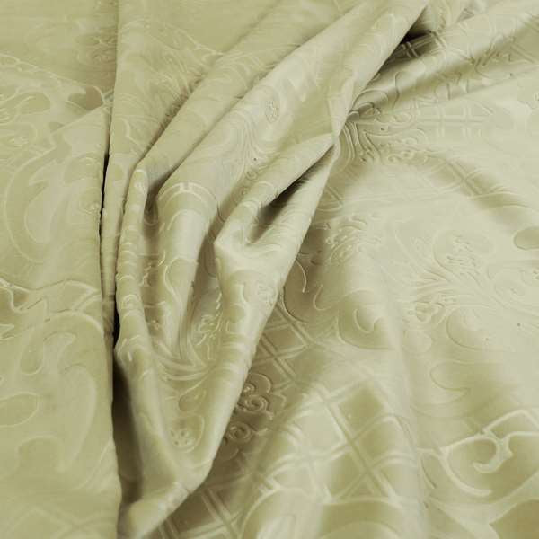 Alvaro Velveteen Embossed Damask Pattern Upholstery Curtains Fabric In Light Green Colour - Handmade Cushions