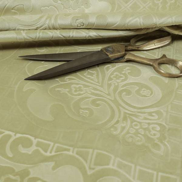 Alvaro Velveteen Embossed Damask Pattern Upholstery Curtains Fabric In Light Green Colour - Handmade Cushions