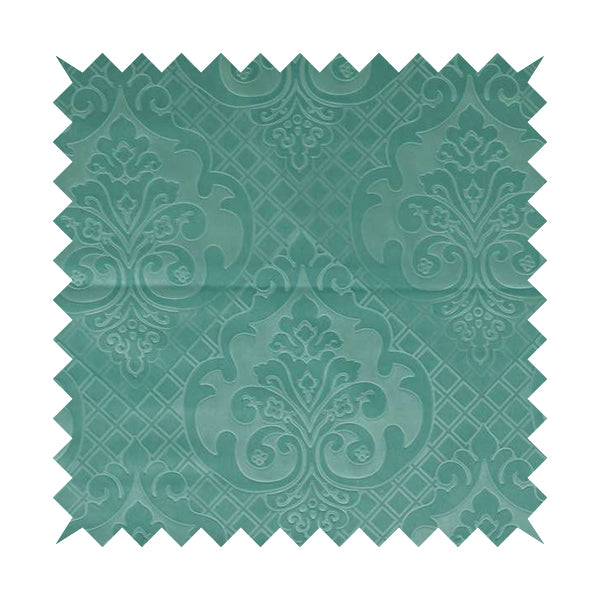 Alvaro Velveteen Embossed Damask Pattern Upholstery Curtains Fabric In Aqua Blue Colour - Handmade Cushions