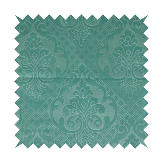 Alvaro Velveteen Embossed Damask Pattern Upholstery Curtains Fabric In Aqua Blue Colour