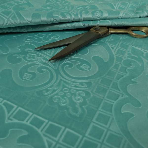 Alvaro Velveteen Embossed Damask Pattern Upholstery Curtains Fabric In Aqua Blue Colour