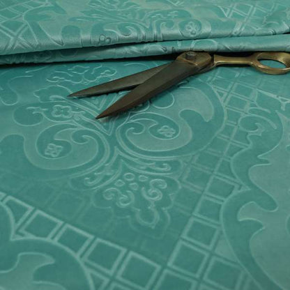 Alvaro Velveteen Embossed Damask Pattern Upholstery Curtains Fabric In Aqua Blue Colour