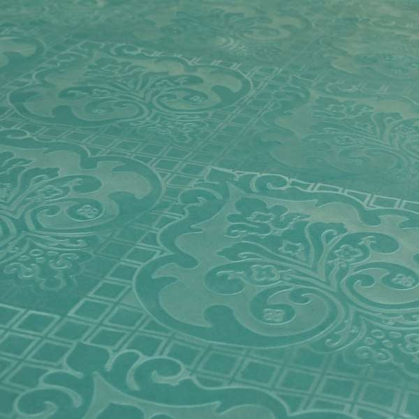 Alvaro Velveteen Embossed Damask Pattern Upholstery Curtains Fabric In Aqua Blue Colour - Handmade Cushions