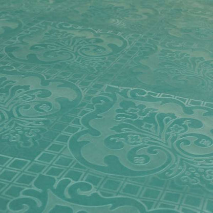 Alvaro Velveteen Embossed Damask Pattern Upholstery Curtains Fabric In Aqua Blue Colour