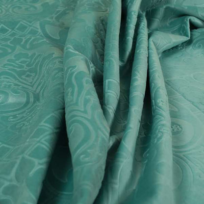 Alvaro Velveteen Embossed Damask Pattern Upholstery Curtains Fabric In Aqua Blue Colour