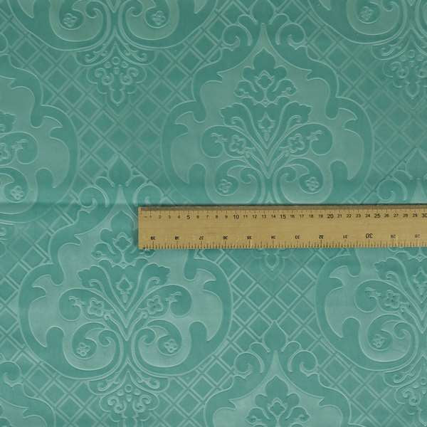 Alvaro Velveteen Embossed Damask Pattern Upholstery Curtains Fabric In Aqua Blue Colour