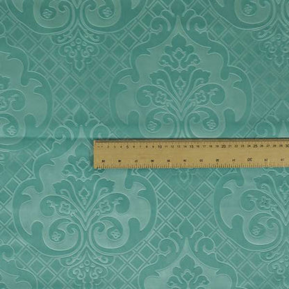 Alvaro Velveteen Embossed Damask Pattern Upholstery Curtains Fabric In Aqua Blue Colour