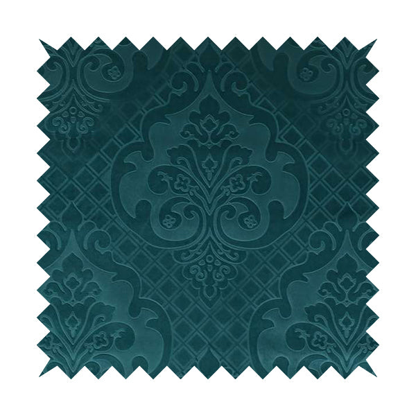 Alvaro Velveteen Embossed Damask Pattern Upholstery Curtains Fabric In Teal Blue Colour - Handmade Cushions