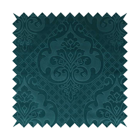 Alvaro Velveteen Embossed Damask Pattern Upholstery Curtains Fabric In Teal Blue Colour