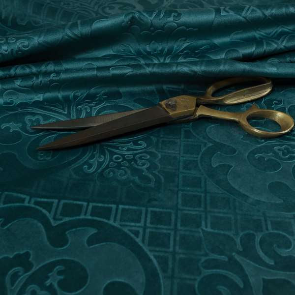 Alvaro Velveteen Embossed Damask Pattern Upholstery Curtains Fabric In Teal Blue Colour - Handmade Cushions