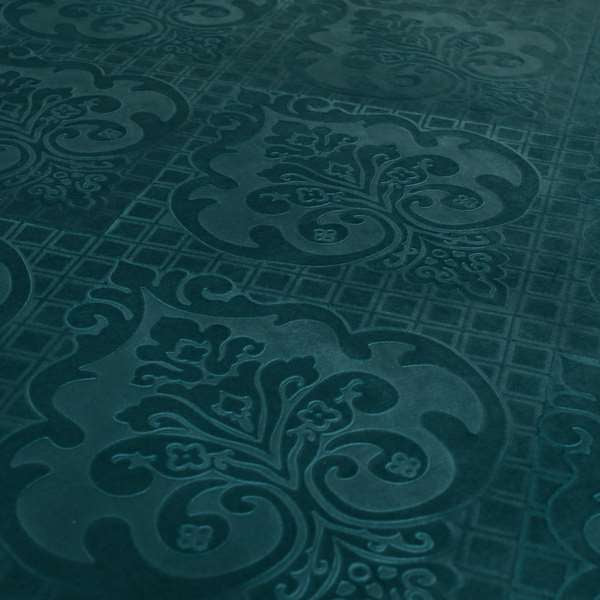 Alvaro Velveteen Embossed Damask Pattern Upholstery Curtains Fabric In Teal Blue Colour