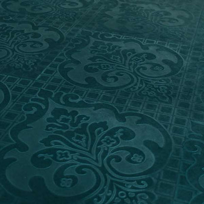 Alvaro Velveteen Embossed Damask Pattern Upholstery Curtains Fabric In Teal Blue Colour