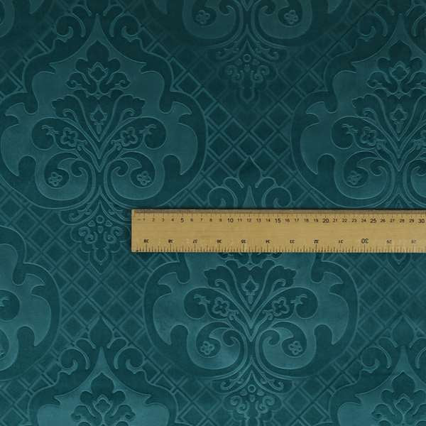 Alvaro Velveteen Embossed Damask Pattern Upholstery Curtains Fabric In Teal Blue Colour - Roman Blinds