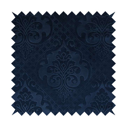 Alvaro Velveteen Embossed Damask Pattern Upholstery Curtains Fabric In Navy Blue Colour