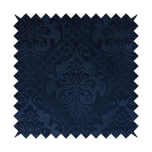 Alvaro Velveteen Embossed Damask Pattern Upholstery Curtains Fabric In Navy Blue Colour