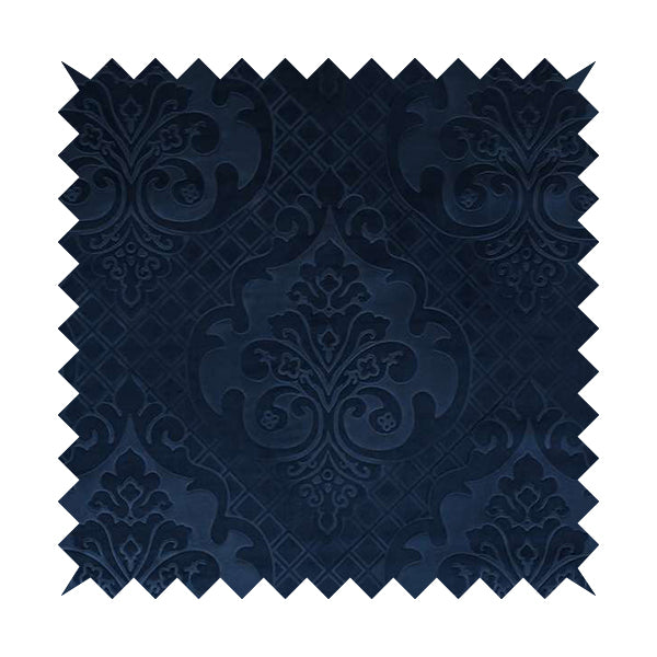 Alvaro Velveteen Embossed Damask Pattern Upholstery Curtains Fabric In Navy Blue Colour - Handmade Cushions