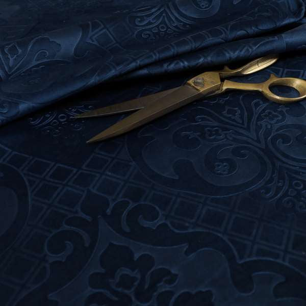 Alvaro Velveteen Embossed Damask Pattern Upholstery Curtains Fabric In Navy Blue Colour