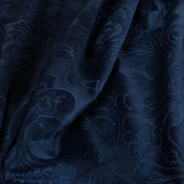 Alvaro Velveteen Embossed Damask Pattern Upholstery Curtains Fabric In Navy Blue Colour