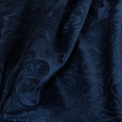 Alvaro Velveteen Embossed Damask Pattern Upholstery Curtains Fabric In Navy Blue Colour