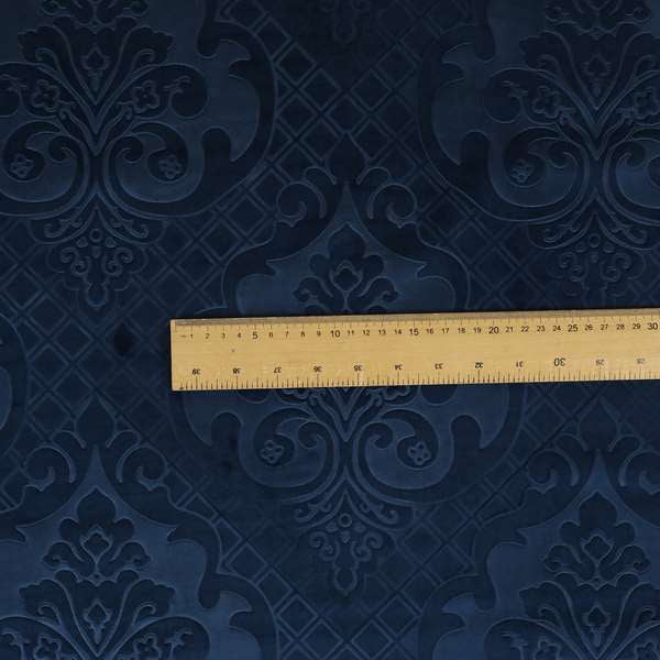 Alvaro Velveteen Embossed Damask Pattern Upholstery Curtains Fabric In Navy Blue Colour - Made To Measure Curtains