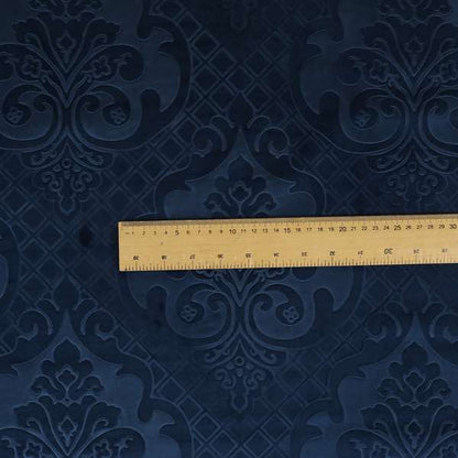 Alvaro Velveteen Embossed Damask Pattern Upholstery Curtains Fabric In Navy Blue Colour - Handmade Cushions