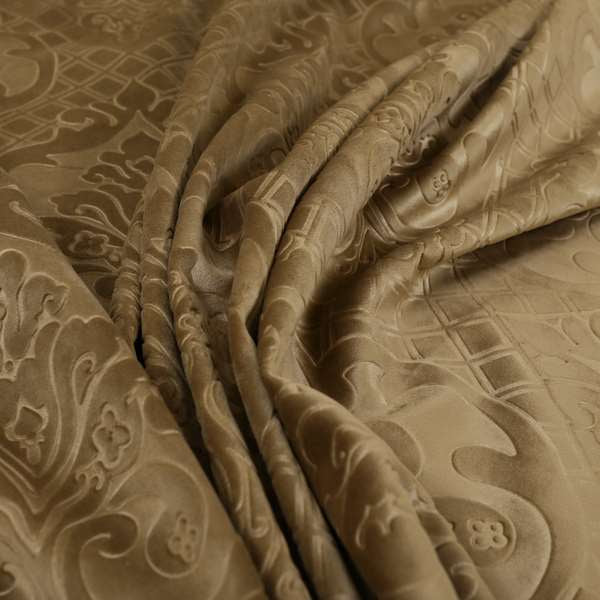 Alvaro Velveteen Embossed Damask Pattern Upholstery Curtains Fabric In Brown Velvet Colour - Handmade Cushions