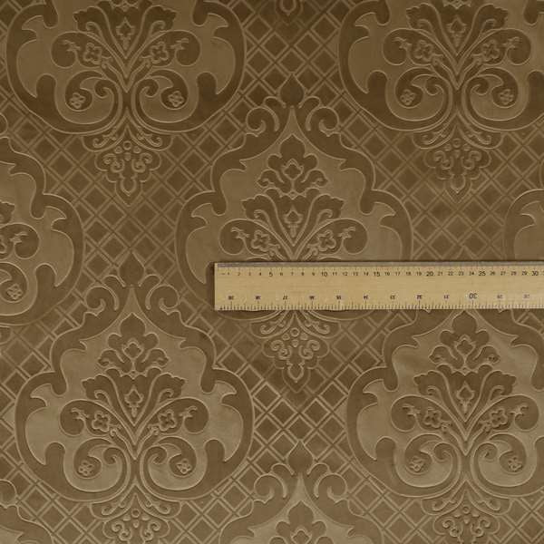 Alvaro Velveteen Embossed Damask Pattern Upholstery Curtains Fabric In Brown Velvet Colour - Handmade Cushions