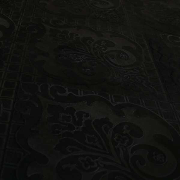Alvaro Velveteen Embossed Damask Pattern Upholstery Curtains Fabric In Black Colour