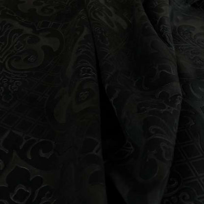 Alvaro Velveteen Embossed Damask Pattern Upholstery Curtains Fabric In Black Colour - Made To Measure Curtains