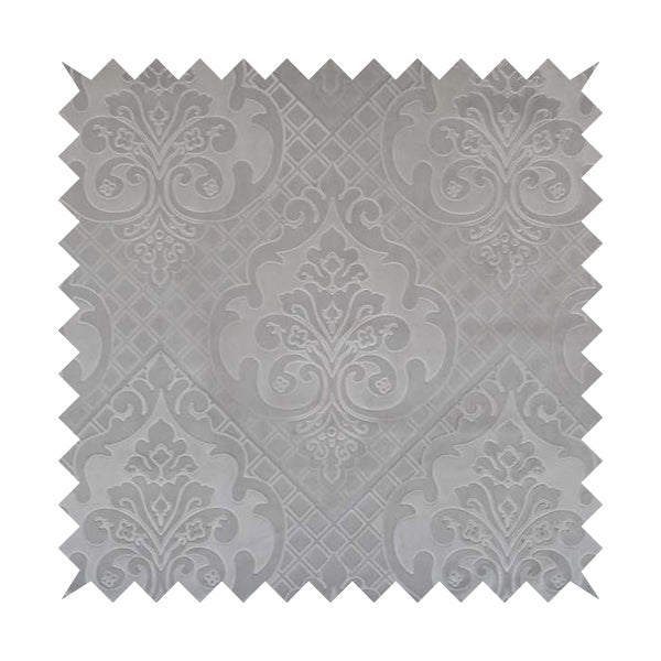 Alvaro Velveteen Embossed Damask Pattern Upholstery Curtains Fabric In Silver Velvet Colour