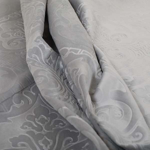 Alvaro Velveteen Embossed Damask Pattern Upholstery Curtains Fabric In Silver Velvet Colour - Handmade Cushions