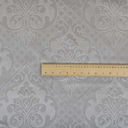 Alvaro Velveteen Embossed Damask Pattern Upholstery Curtains Fabric In Silver Velvet Colour