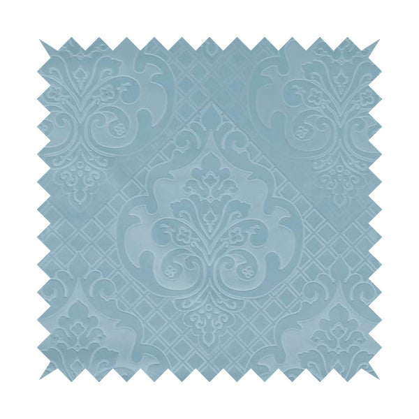 Alvaro Velveteen Embossed Damask Pattern Upholstery Curtains Fabric In Sky Blue Velvet Colour - Handmade Cushions