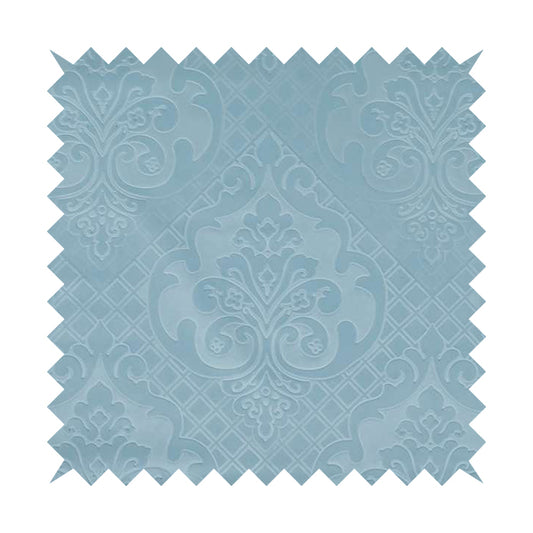 Alvaro Velveteen Embossed Damask Pattern Upholstery Curtains Fabric In Sky Blue Velvet Colour