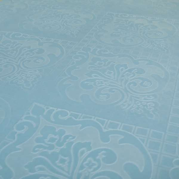 Alvaro Velveteen Embossed Damask Pattern Upholstery Curtains Fabric In Sky Blue Velvet Colour