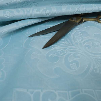 Alvaro Velveteen Embossed Damask Pattern Upholstery Curtains Fabric In Sky Blue Velvet Colour - Handmade Cushions